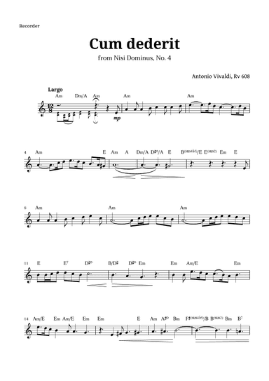 Cum dederit of Vivaldi for Recorder and Chords (arr. Langanho)