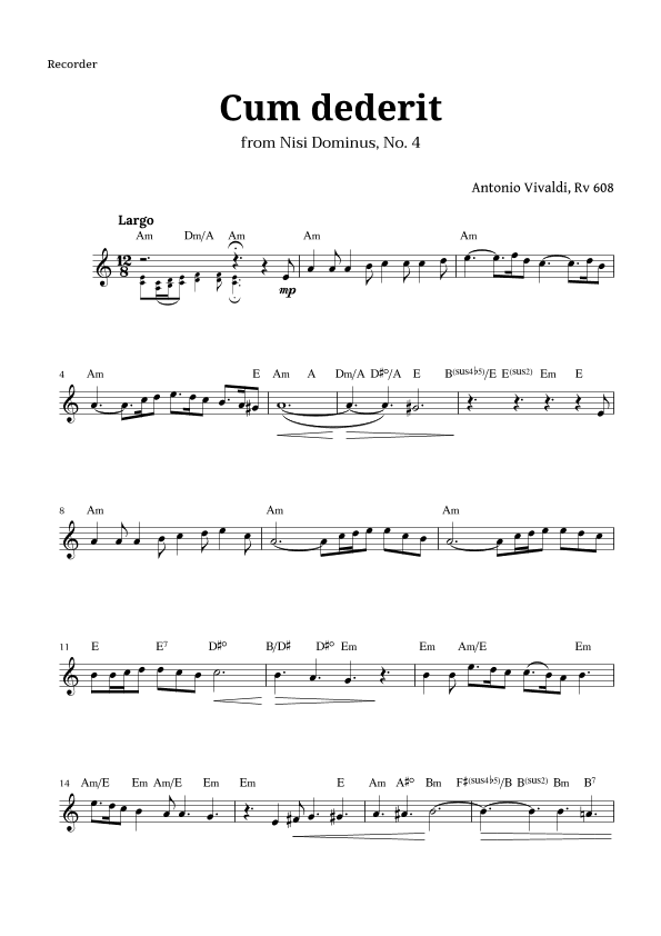 Cum dederit of Vivaldi for Recorder and Chords (arr. Langanho)