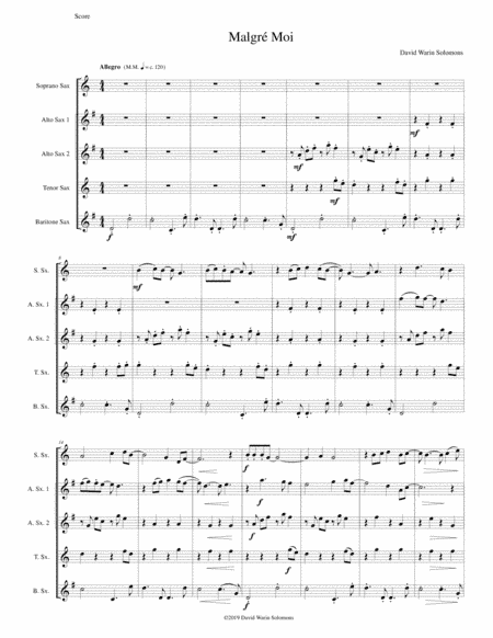 Malgré Moi (Against my will) for saxophone quintet