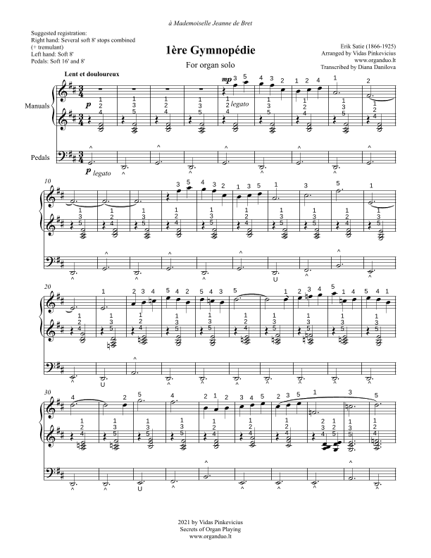 1ère Gymnopèdie (arr. for Organ Solo) by Erik Satie with Fingering and Pedaling