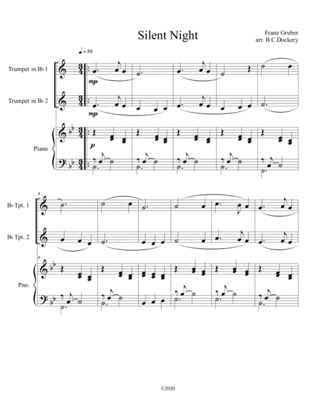 Silent Night (trumpet duet) with optional piano accompaniment (arr. B C Dockery)
