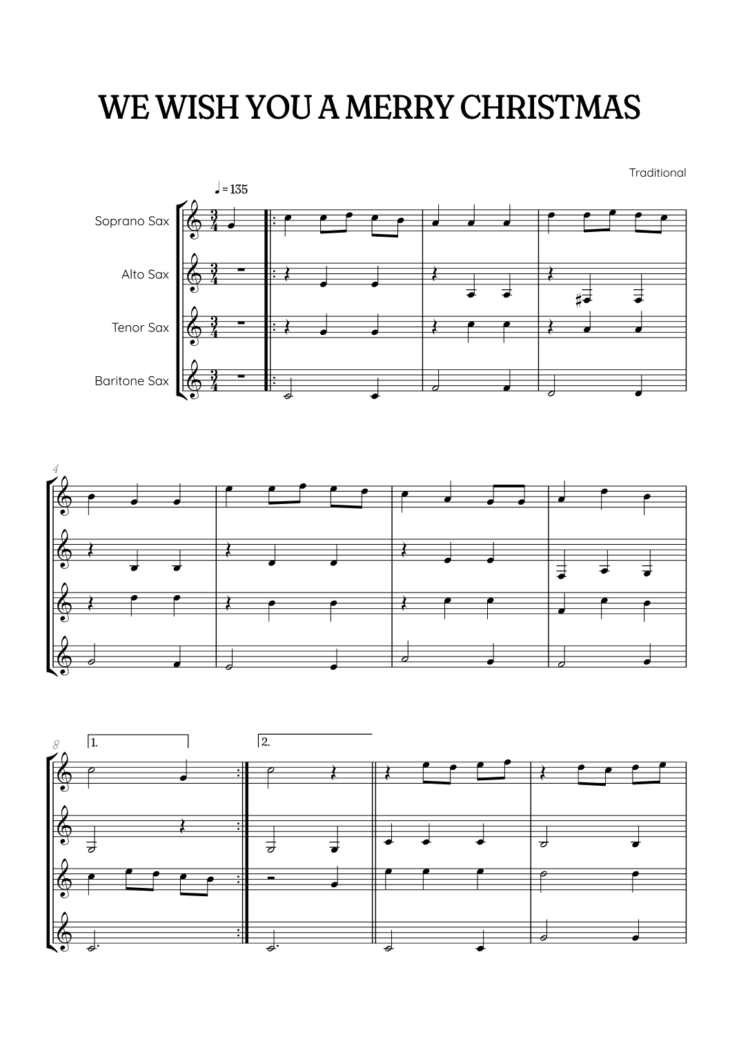 We Wish You a Merry Christmas for Sax Quartet • easy Christmas sheet music (arr. Benzaiten Editions)