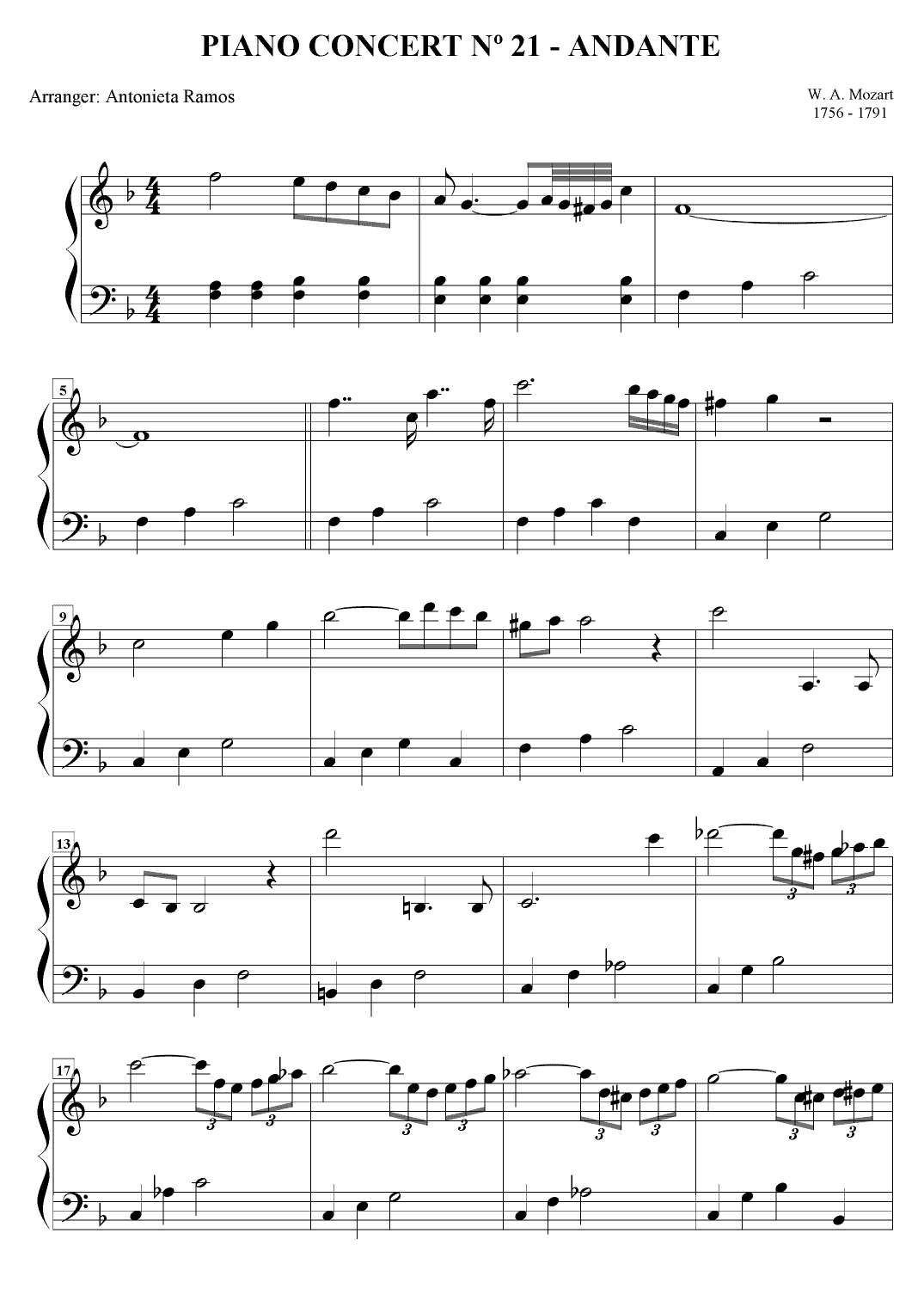 Andante From Piano Concerto No. 21 In C Major K467 (arr. Antonieta Ramos Valverde)