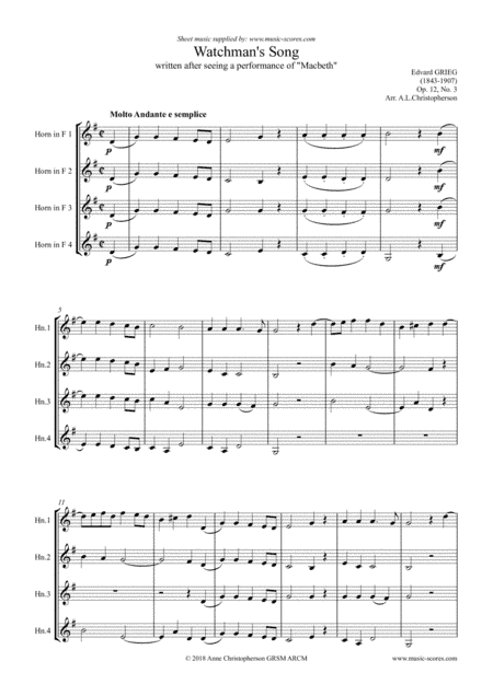 Watchman's Song, Op.12, No.3 - 4 French Horns (arr. Anne L Christopherson GRSM ARCM)