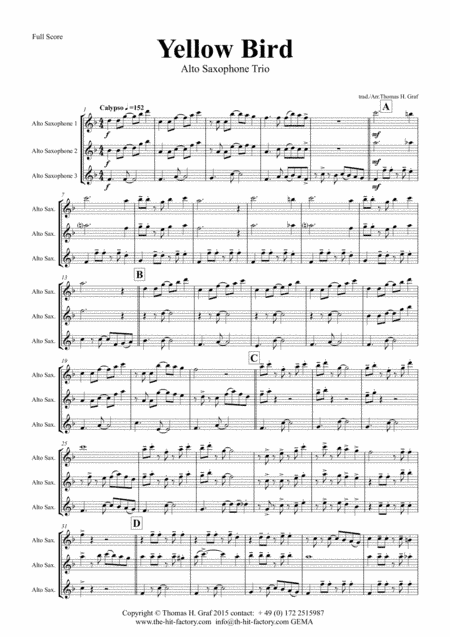 Yellow Bird - Haitian Folk Song - Calypso - Alto Saxophone Trio (arr. Thomas H. Graf)