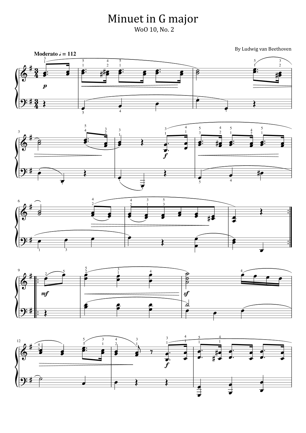 Beethoven - Minuet in G major - WoO 10, No. 2 - Original With Fingered - For Piano Solo (arr. poon)