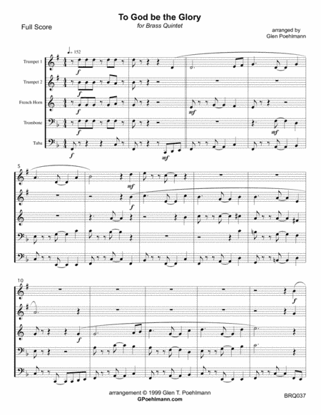 TO GOD BE THE GLORY for BRASS QUINTET (arr. Glen Poehlmann)