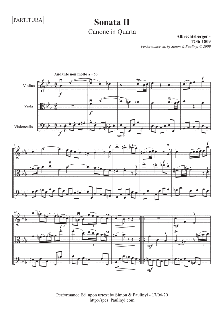 Albrechtsberger: Sonata n.2 Trio (violino, viola, violoncello/bassoon). Dr. Zoltan Paulinyi's editio (arr. Zoltan Paulinyi)