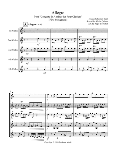 Allegro (from "Concerto for Four Claviers") (A min) (Violin Quintet) (arr. Regis Bookshar)