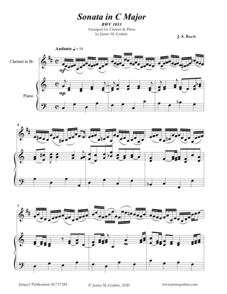 BACH: Sonata in C Major BWV 1033 for Clarinet & Piano (arr. James Guthrie, ASCAP)