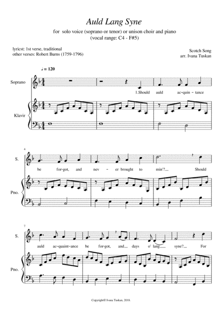 Auld Lang Syne, for (sopran or tenor) solo voice and piano (arr. Ivana Tuskan)