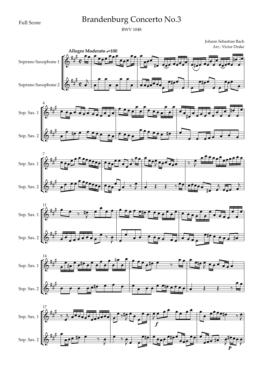 Brandenburg Concerto No. 3 in G major, BWV 1048 1st Mov. (J.S. Bach) for Soprano Saxophone Duo (arr. Victor Drake)