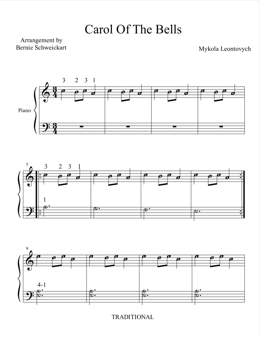 Carol Of The Bells (BIG NOTE VERSION WITH FINGERING) (arr. Bernie Schweickart)