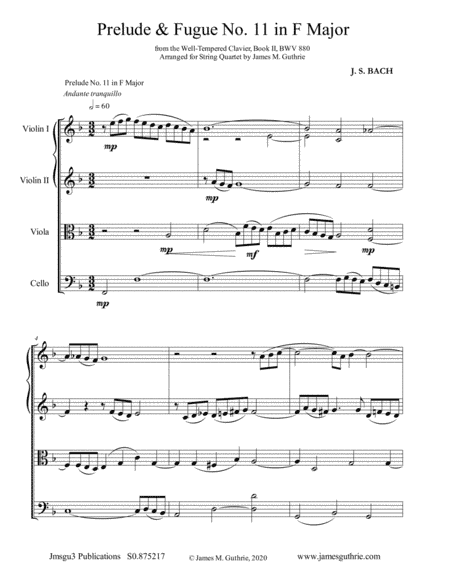 BACH: Prelude & Fugue No. 11 in F Major, BWV 880 for String Quartet (arr. James M. Guthrie)