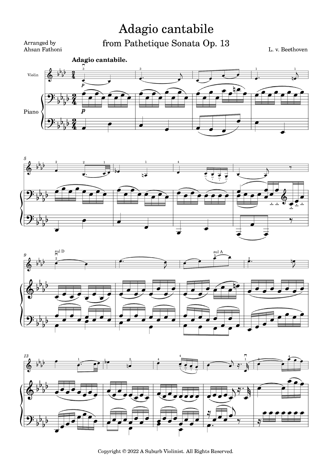 Adagio cantabile, 2nd Movement from 'Pathetique' Sonata Op. 13 for Violin and Piano (arr. Ahsan Fathoni)