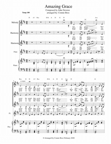 Amazing Grace - vocal trio, flute and piano in key of D - lower range (arr. Connie Boss)
