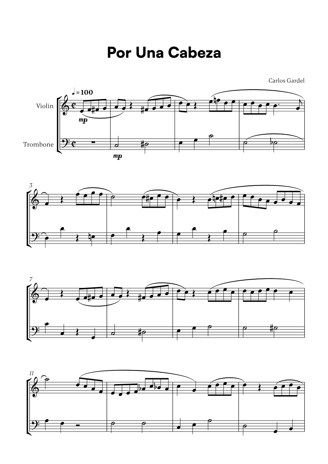 Carlos Gardel - Por Una Cabeza for Violin and Trombone (arr. Cadenza Editions)