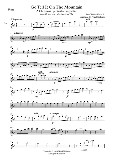 Go Tell It On The Mountain, for two Flutes and Clarinet in Bb (arr. Nigel Williams)