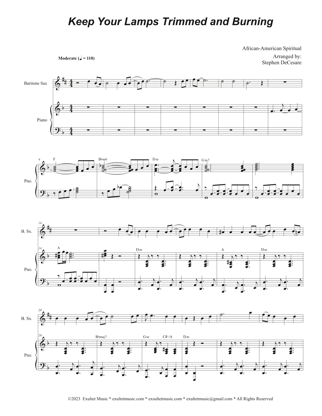 Keep Your Lamps Trimmed And Burning (Baritone Saxophone and Piano) (arr. Stephen DeCesare)