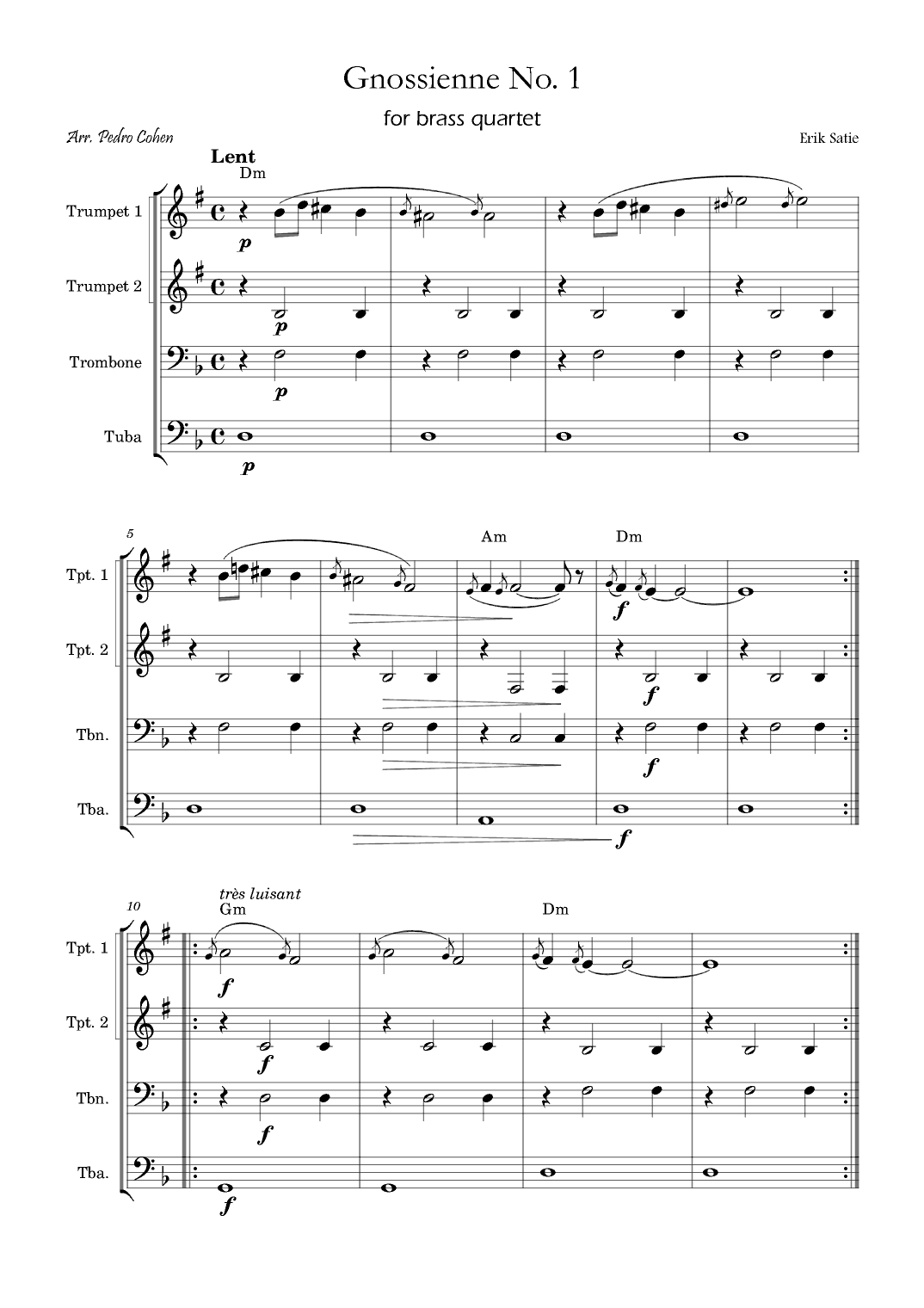 Gnossienne No. 1 – for Brass Quartet with chords (arr. Pedro Cohen)