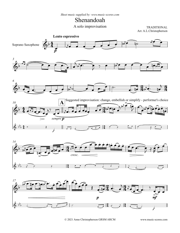 Shenandoah - Solo Soprano Sax (arr. Anne L Christopherson GRSM ARCM)