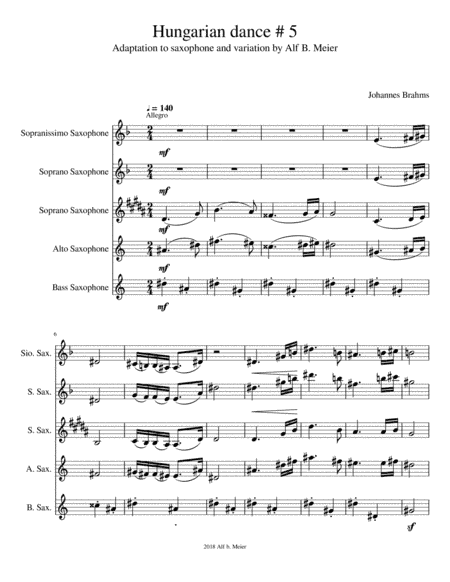 Johannes Brahms, Hungarian Dance #5, variation and adaptation to Saxophone quintett (arr. Alf B. Meier)