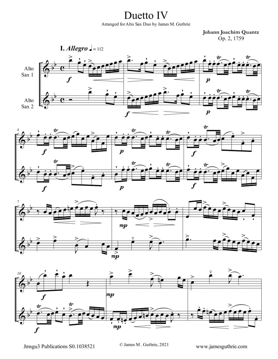 Quantz: Duetto Op. 2 No. 4 for Alto Sax Duo (arr. James M. Guthrie)