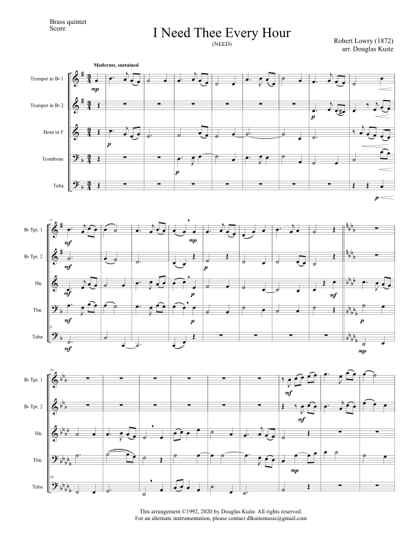 "I Need Thee Every Hour" for brass quintet (arr. Douglas Kuite)