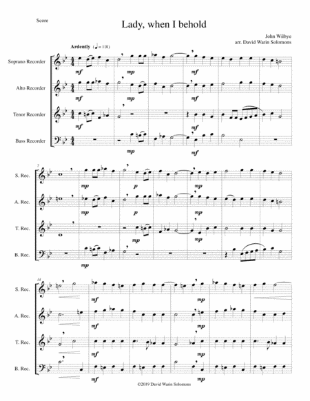 Lady, when I behold arranged for recorder quartet (arr. David Warin Solomons)