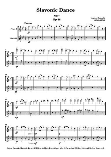 Anton Dvorak Slavonic Dance Op 46 No 8 for Flute Duet. Romantic Bohemian Folk Music (arr. Glenn Martin)