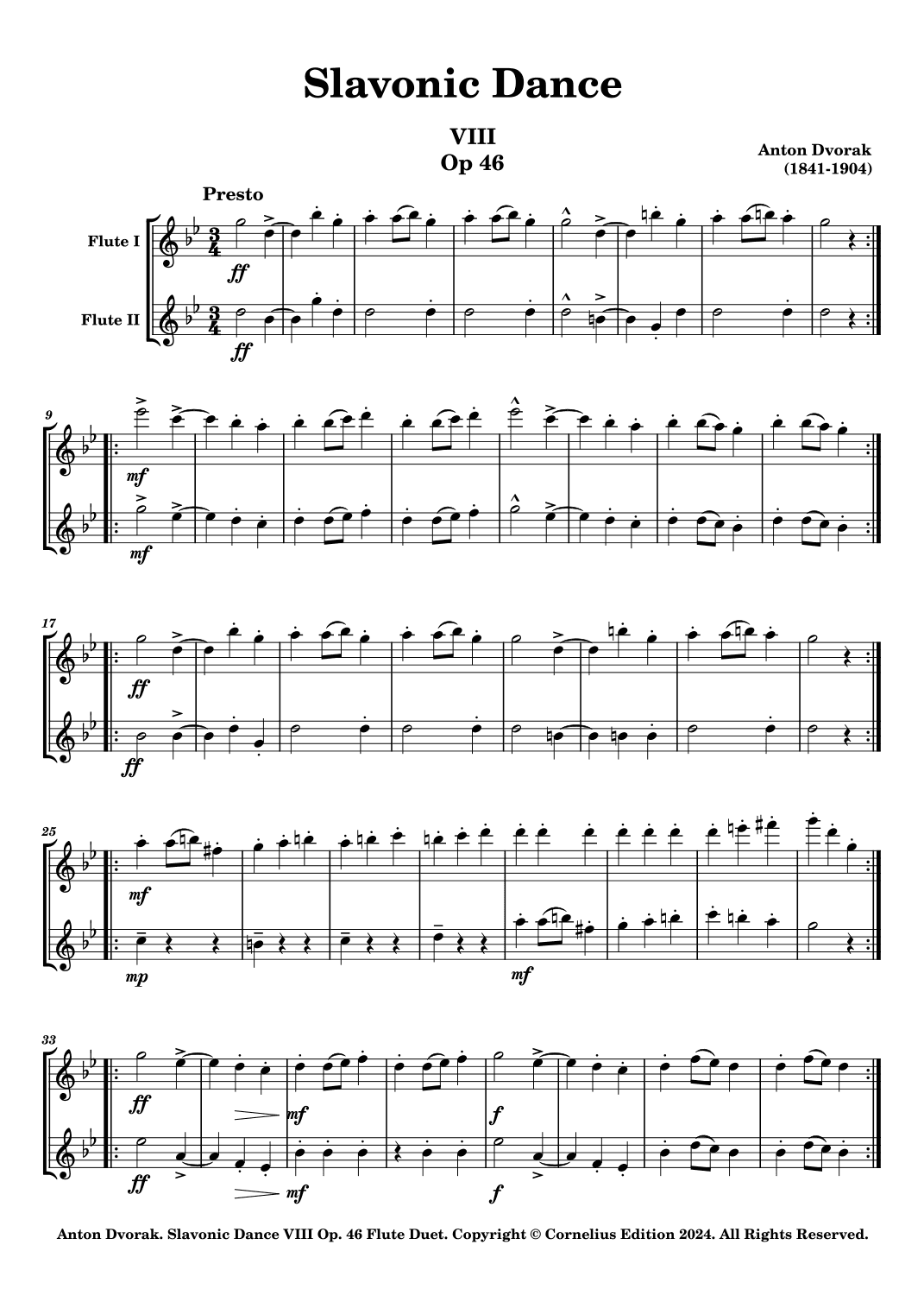 Anton Dvorak Slavonic Dance Op 46 No 8 for Flute Duet. Romantic Bohemian Folk Music (arr. Glenn Martin)