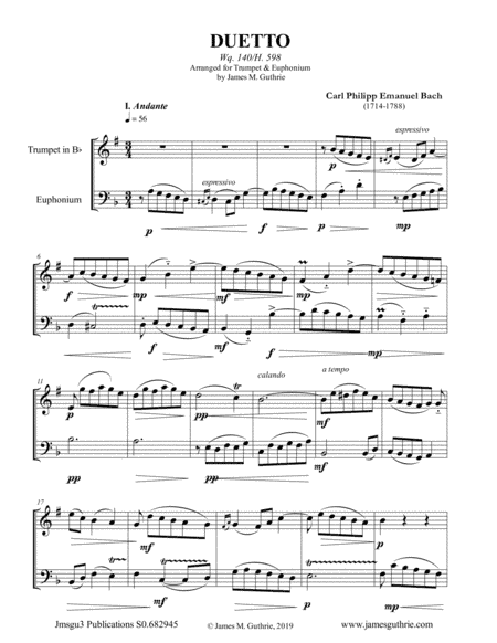 CPE Bach: Duetto Wq. 140 for Trumpet & Euphonium (arr. James M. Guthrie, ASCAP)