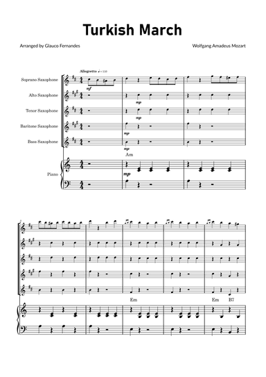 Turkish March by Mozart - Saxophone Quintet with Piano and Chord Notations (arr. Glauco Fernandes)