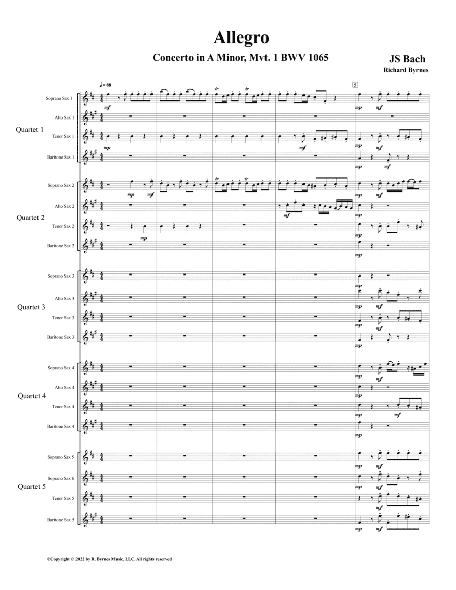 Concerto in A Minor, BWV 1065, Allegro (Saxophone Choir) (arr. Richard Byrnes)