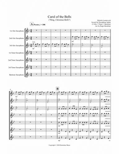 Carol of the Bells (F min) (Saxophone Septet - 3 Alto, 3 Tenor, 1 Bari) (arr. Regis Bookshar)