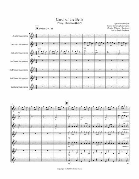 Carol of the Bells (F min) (Saxophone Septet - 3 Alto, 3 Tenor, 1 Bari) (arr. Regis Bookshar)