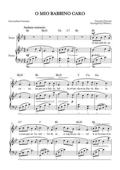 O Mio Babbino Caro | Male Voice Tenor | B-flat Major | Piano accompaniment | Pedal | Chords (arr. Milanov)
