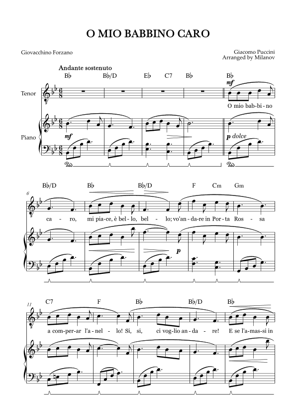 O Mio Babbino Caro | Male Voice Tenor | B-flat Major | Piano accompaniment | Pedal | Chords (arr. Milanov)
