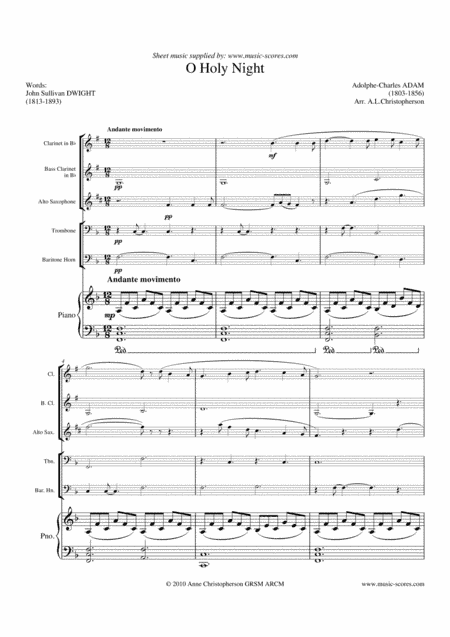 O Holy Night; Cantique de Noel - Clarinet, Bass Clarinet, Alto Sax, Trombone, Baritone Horn and Pian (arr. Anne L Christopherson GRSM ARCM)