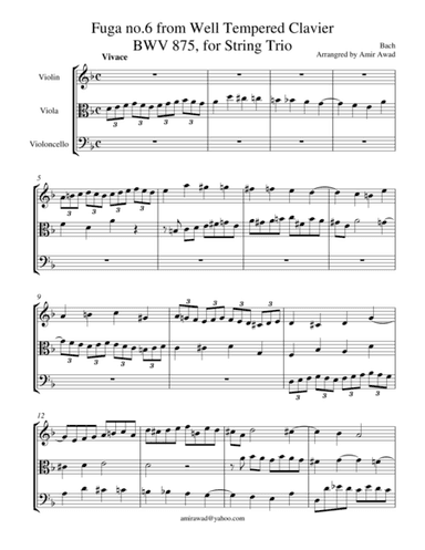Bach : Fugue no.6 BWV 875 arranged for String Trio , from Well Tempered Clavier Book 2 (arr. Amir Awad)