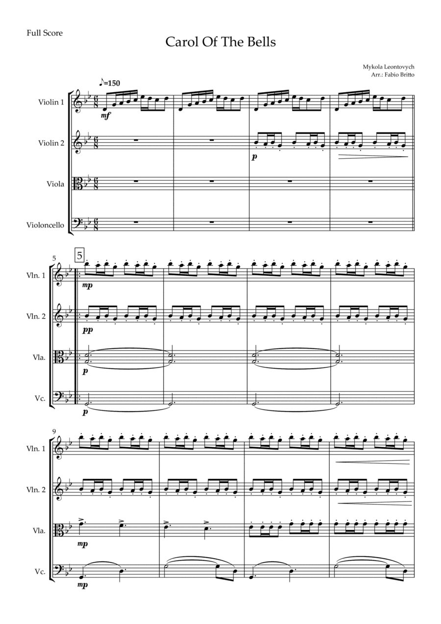 Carol Of The Bells (Mykola Leontovych) for String Quartet (arr. Fabio Britto)