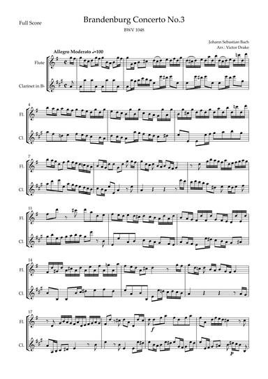 Brandenburg Concerto No. 3 in G major, BWV 1048 1st Mov. (J.S. Bach) for Flute & Clarinet Duo (arr. Victor Drake)
