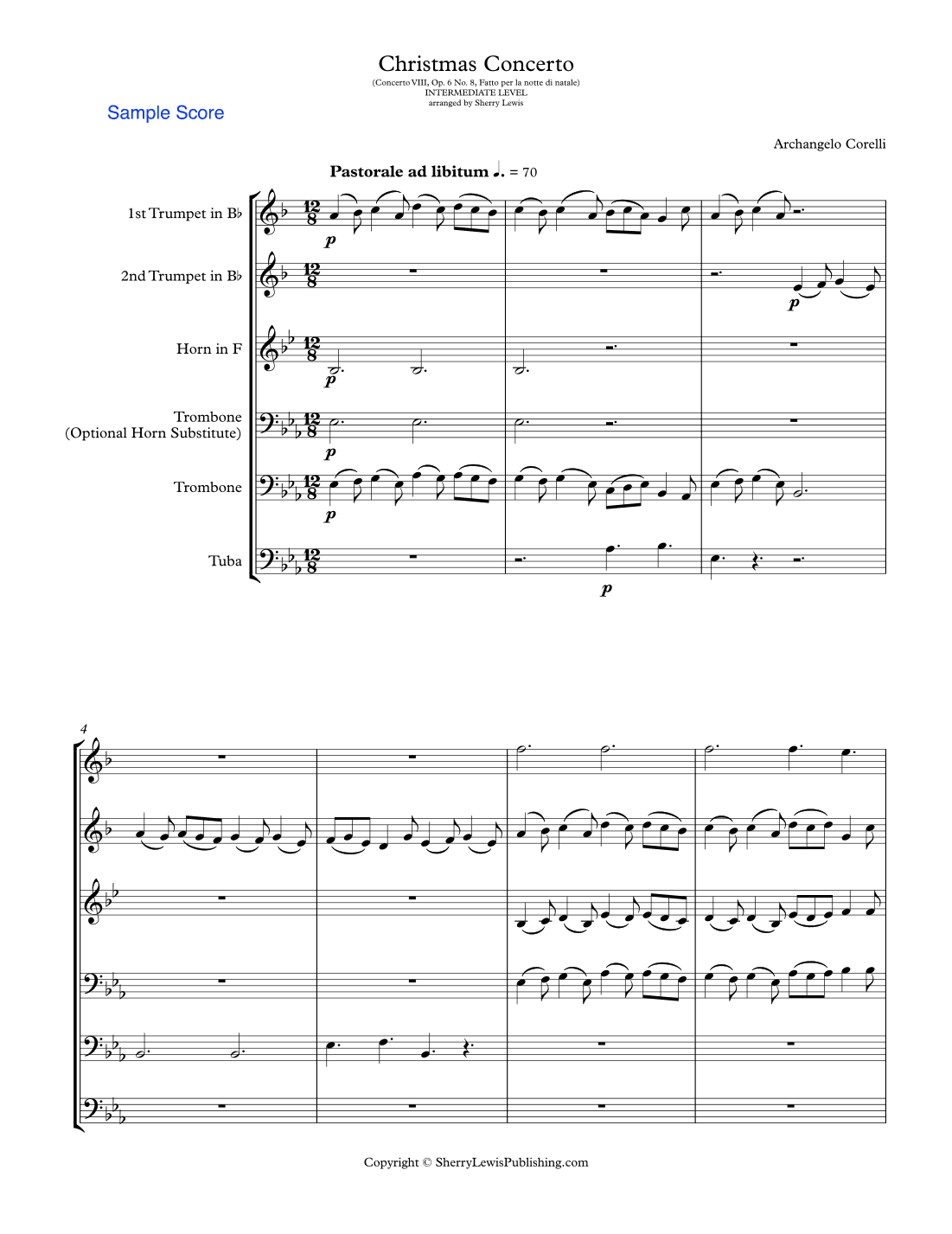 CHRISTMAS CONCERTO, PASTORALE, Concerto VIII Op. 6 No. 8, Fatto per la notte di natale, by Corelli, (arr. Sherry Lewis)