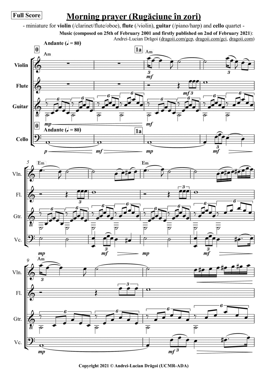 Morning prayer (Rugaciune în zori) - miniature for violin (/clarinet/flute/oboe), flute (/violin),