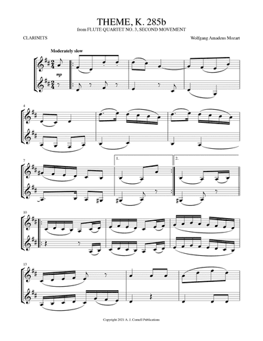 Theme (from Flute Quartet No. 3, K. 285b, Second Movement) (arr. Mark Phillips)