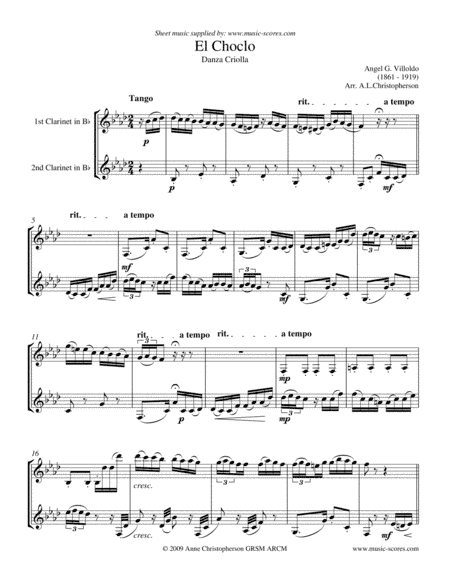 El Choclo - Duo for Clarinet (arr. Anne Christopherson GRSM ARCM)
