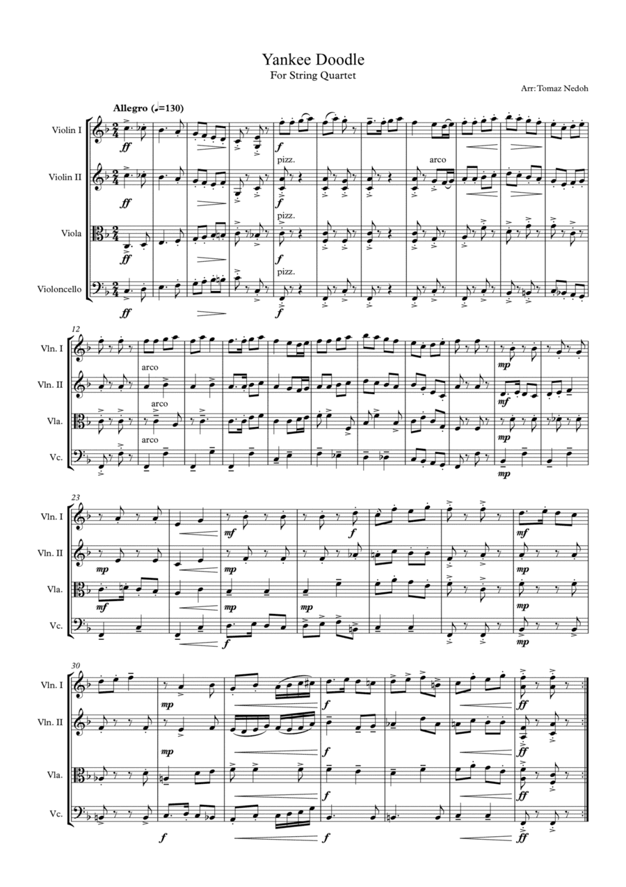 Yankee Doodle for String Quartet (arr. Tomaz Nedoh)
