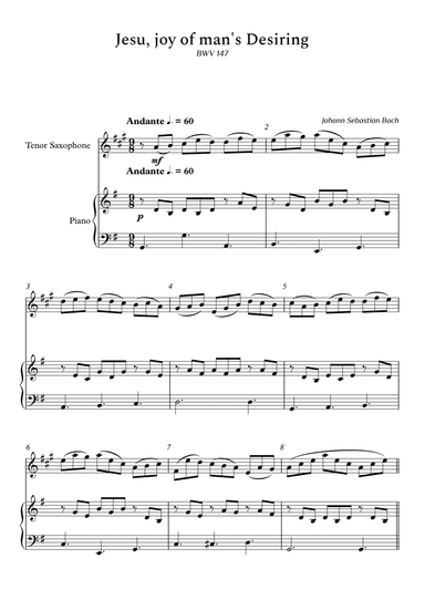 Jesu, Joy of Man's Desiring for Tenor Sax and Piano (Arpeggios Not Chords) - Score and Parts (arr. Cássio Silva Chaves)