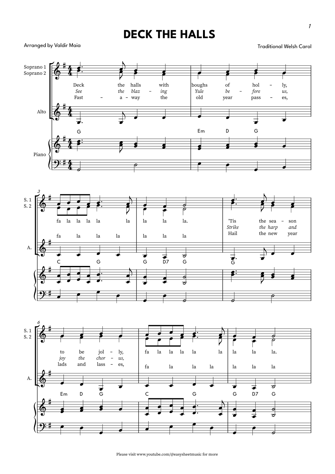 Deck The Halls - SSA (with piano accompaniment) (arr. Valdir Maia)