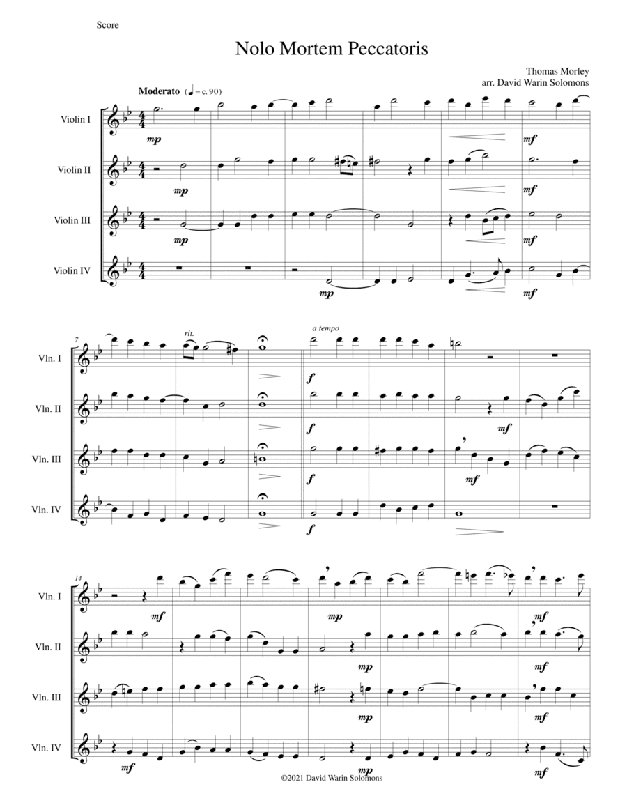 Nolo mortem peccatoris (I do not wish a sinner to die) for 4 violins (arr. David Warin Solomons)